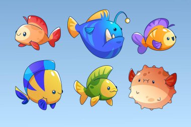 Arka planda izole edilmiş bir dizi deniz balığı. Şirin renkli sualtı sakinlerinin vektör çizimi, palyaço balığı, Japon balığı, kirpi balığı, anglerfish, derin okyanus hayvanları, akvaryum tasarım elementleri
