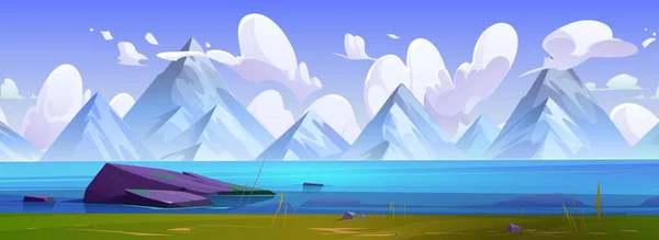 Bergmeer Vector Natuur Landschap Achtergrond Zee Landschap Blauwe Horizon Cartoon — Stockvector