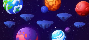 Yüzen platform uzay oyun seviyesi ui arkaplanı. Galakside 2D gezegen çevrimiçi macera video oyunu arayüzü çizimi için kullanılıyor. Uçan asteroid ve kaya adasıyla gelecekçi kozmos manzarası
