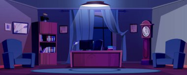 Akşamları ofis şefliği masasında bilgisayar, raflı sandalye ve dokümanlar, koltuklar ve saatli karanlık patron odası. CEO ya da yönetmen geceleri lamba ışığıyla çalışır..