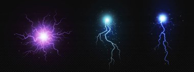 Gerçekçi elektrik çemberi yıldırım patlaması. Mavi ve mor renkte sihirli gök gürültüsü etkisi. Acı şoku fantezisi 3 boyutlu taburcu unsuru. Parlak lazer patlaması vektörü