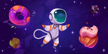 Donut Gezegeni Çocuk Çizgi Filmi Vektörü 'nün yanındaki şeker uzayında astronot. Dünya dışı çikolata ve pasta oyunu evreni gece gökyüzü kavramını çizen kozmik çocuksu fantezi gezegen çizimi.