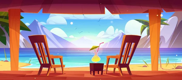 Duas Cadeiras Coquetel Terraço Por Mar Lago Com Montanhas Horizonte — Vetor de Stock
