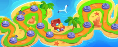 Oyun seviyesi arayüzü için tropik ada haritası. Palmiye ağaçları, taşlar, altın sikkeler ve değerli taşlarla dolu hazine sandığı ve macera arkaplanı olan kumlu plajın vektör çizimi.