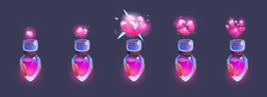 Kalp şeklinde dumanla şişelenmiş sihirli pembe aşk iksiri. Parlayan ve ışıldayan buharın çizgi film animasyon aşamaları. Cam tüpteki iksirin kimyasal reaksiyonundan oluşan kabaran bulutla patlama.