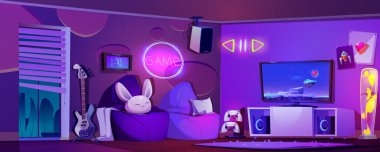 Oyun ve dere odası kurulumu. Online video oyunları oynamak için çizgi film ev oyun alanı iç mimarisi. Duvarlarında parlak neon elementler olan mor bir salon, konsol ve joystick ile televizyon seti, fasulye çuvalı koltuk.