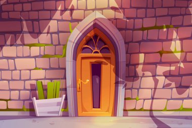 Ahşap kapılı eski taş bina duvarı. Antik ev cephesinin vektör çizimi, tuğla önüne gölgeler dikmek, cam pencerelerle süslenmiş gotik kemer kapısı, çiçek saksısında yeşil çimenler.