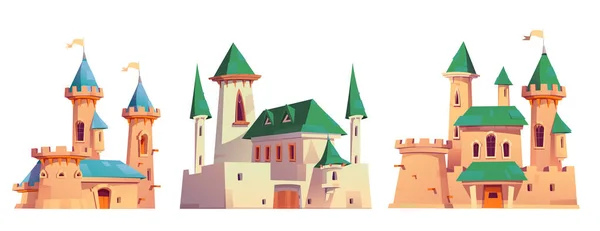 卡通集中世纪城堡隔离在白色背景 有绿色和蓝色屋顶的皇家宫殿 顶部有国旗的塔楼 哥特式窗户和大门 童话般的城堡的病媒图解 — 图库矢量图片