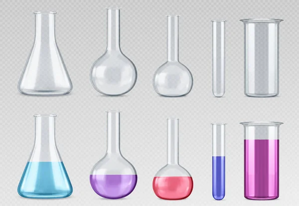 Chemie Meten Glazen Buizen Bekers Realistische Vector Illustratie Set Van — Stockvector