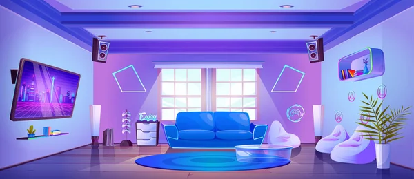 游戏客厅 配有家具和游戏设备 带沙发 扶手椅 电视机和霓虹灯装饰的蓝色内饰的矢量卡通画在墙上 控制台 天花板扩音器 — 图库矢量图片