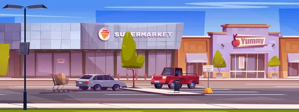 Budynek Supermarketu Spożywczego Ilustracją Wektora Parkowania Kreskówek Przed Sklepem Samochodowym — Wektor stockowy