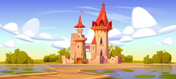 Fantasy Fairy Fairy Medieval House Cartoon Background Волшебный Дворец Озера — стоковый вектор