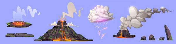 Conjunto Elementos Design Paisagem Vulcânica Desenho Animado Vetorial Ilustração Erupção — Vetor de Stock