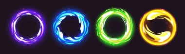 Neon mavi daire sihirli portal parlayan ışık efekti. 3D kıvrımlı, altın hızında spiral güç elementi. Garip çoklu evren ışınlanma ışığı. Soyut izole edilmiş yeşil dairesel tünel girdap vektör çerçevesi