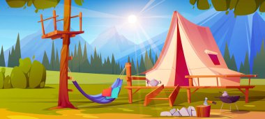 Yaz ormanı illüstrasyon arka planında dağ kampı çadırı. Turizm macerası için doğa manzarası ya da karikatür çizimleri için gezi manzarası. Alp bayramı için kamp parkında hamak