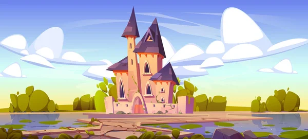 有大门 窗户和塔楼的皇家城堡 王后和公主进入童话般中世纪宫殿的道路 有树木和灌木丛的卡通矢量景观 天空和城堡中的云彩 — 图库矢量图片