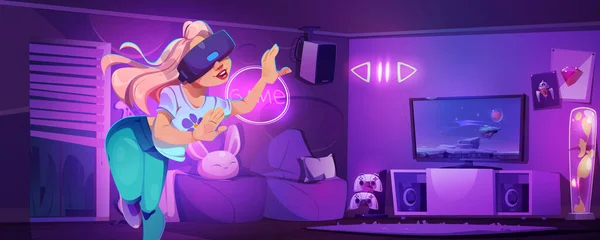 Mädchen Gamer Wohnzimmer Spielen Vektor Cartoon Hintergrund Videospiel Auf Konsole — Stockvektor