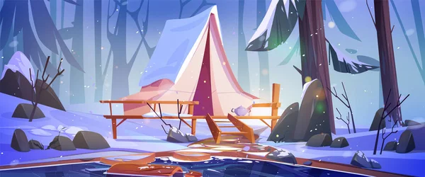Winter camping and outdoor recreation - tent on wooden patio near lake or pond in forest among trees covered with snow. Cartoon wintertime woodland landscape with place for vacation and relaxation.
