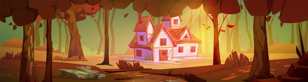 Casa Outono Floresta Paisagem Desenho Animado Cena Vetorial Queda Conto — Vetor de Stock