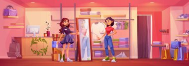 Perakende mağazası vektör tasarımlı bir kadın. Askıda ve askıda modern gardırop vitrinleri için butik mağazası. Galeride kadın satıcı, gömlek, kot pantolon ve ayakkabı. İnsanlarla birlikte kumaş pazarı