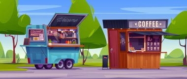 Yaz parkında sokak yemekleri ve içki tezgahları. Kafe ve hamburger büfesinin vektör çizimi, yeşil çimenli ve ağaçlı kamu bahçesindeki çöp kutusu, öğle yemeği için abur cubur satan kentsel dükkanlar.