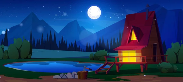 晚上在湖人游戏背景附近的台阶上的房子 满月之上的池塘水和木棚屋 天上的星星 森林附近有带门廊 门窗的度假木棚屋 — 图库矢量图片