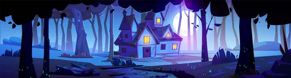 Haus Wald Bei Nacht Mondschein Gemütliche Ruhige Haus Mit Licht — Stockvektor