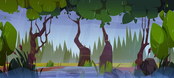 Rain in flooded forest with water puddles on ground. Vector cartoon illustration of summer woodland with old trees, green grass and wet flowers, gloomy cloudy sky, stormy weather, natural background