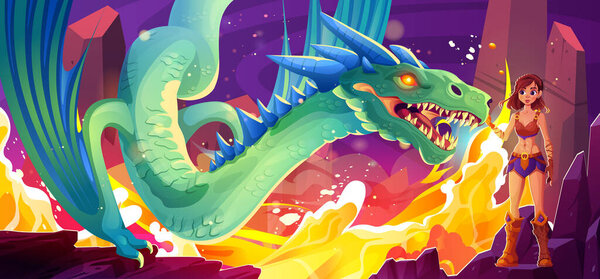 Girl caress fantasy dragon magic fire vector background scene. Landing on rock boulder breathing medieval creature with wings and beautiful female game character. Mythical scary evil dinosaur power