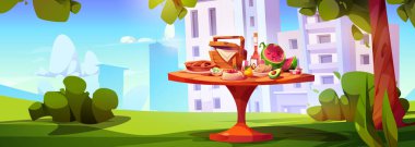 Yemek karikatürü geçmişi olan bir piknik sepeti. Açık hava öğle yemeği manzarası, şarap, çamaşır sepeti, meyve, karpuz ve avokado. Paketli yemek ile şehir manzarası ve manzara afişi
