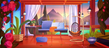 Sunrise Mountain View çizgi film çizimi olan bir teras. Balkonun dış tarafında koltuk, bahar çiçeği ve bank var. Sabahları okyanus kenarında güzel bir otel terası.