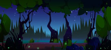 Geceleri ormandaki bataklık. Göllü, ağaçlı ve parlayan ateş böcekli karanlık gece ormanlık alanının çizgi film vektörü. Yaz ya da bahar geceyarısı Parlak solucanlarla dolu sulak arazi manzarası.