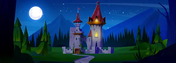 Castelo Medieval Noturno Contra Paisagem Montanhosa Ilustração Desenho Animado Vetorial — Vetor de Stock