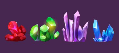 Kristal mücevher ve sihirli taş vektör mücevher seti. Fantezi elmas hazinesi ve izole edilmiş ikon tasarımı. Mavi, kırmızı ve mor renkte arayüz ögesi için parlak yeraltı maden parçası