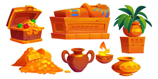 Ancient pharaoh egyptian treasure and sarcophagus cartoon vector set. Egypt pyramid or temple ramses tomb icon illustration. isolated museum ui object for palace. Great civilization mythology design