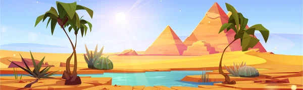 Egyptian desert landscape with lake and palm trees in oasis on sand. Cartoon vector illustration of water pond and green plants in middle of dune and pyramids. Sunny summer scenery of savannah.