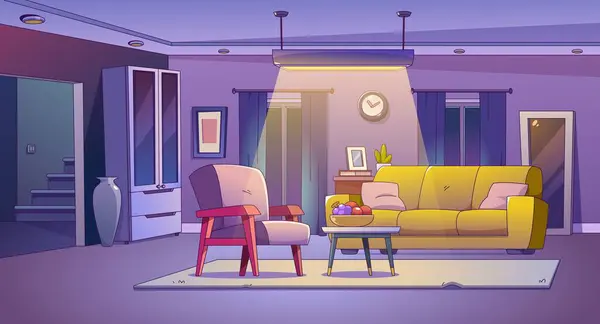 ソファー付きの家での夜のリビングルームインテリア ライトと家具付きのホームアパートメントです 階段が付いている居心地のよいアメリカの居間の位置のための2D多彩な屋内設計 イブニングゲームイラスト — ストックベクタ