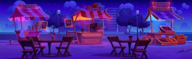 Street food festival or city park with stalls at night. Cartoon landscape of funfair with stands with garlands selling ice cream, coffee, and fresh farm vegetables and fruits, and tables for eating. clipart