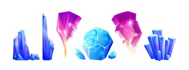 Mücevher taşı ya da elmas kristalleri. Hazine ya da jeoloji oyunu kavramı için mücevher mineral kaynaklarının çizgi film vektör seti. Gemstone parçacıkları ve değerli sarkıtlar ve mavi ve pembe dikitler.