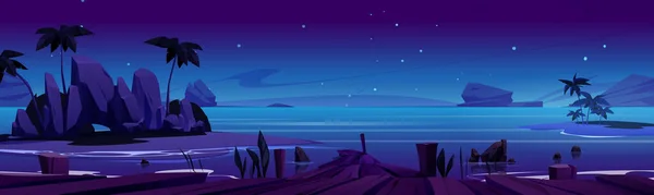 Ночной Морской Пляж Деревянным Летний Фон Деревянная Набережная Рядом Океаном — стоковый вектор