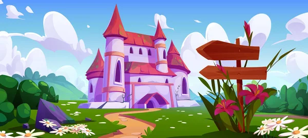 绿色夏季风景上的童话城堡 中世纪王宫的矢量卡通画 指示方向的空白木制路标 草地和山丘上的花朵 — 图库矢量图片