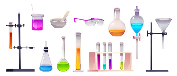 stock vector Chemical laboratory equipment set isolated on white background. Vector cartoon illustration of lab glassware with colorful liquid substances, glass flask, test tube holder, beaker, protective glasses