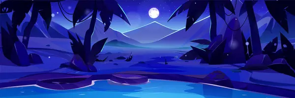 Ночной Арабский Пустынный Оазис Векторным Фоном Озера Полная Луна Темном — стоковый вектор
