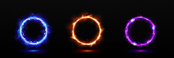 Set of light effect circles isolated on transparent background. Vector realistic illustration of blue, orange, purple avatar frames with lightning strike, burning fire, magic power sparkles design