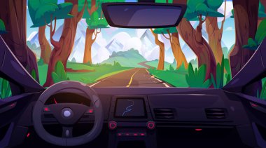 Ön camından orman yolu manzaralı bir araba paneli. Direksiyon simidi, GPS navigasyon ekranındaki harita, ufuktaki dağlar, otomatik seyahat ile otomobil iç mekanının vektör çizimi
