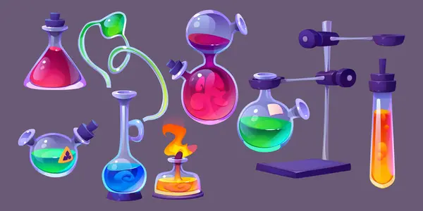 Science Lab Beaker Chemistry Experiment Vector Set School Chemical Laboratory — Stock Vector