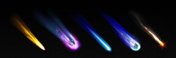 Falling Burning Comet Light Trail Realistic Vector Illustration Set Space — Stock Vector
