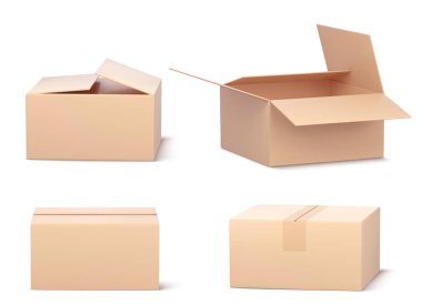 Beyaz arkaplanda 3 boyutlu karton kutular var. Paket teslimatı, kapalı ve açık ambalaj, depoda depolanan ürün, alışveriş siparişi için karton paketlerin gerçekçi illüstrasyonu