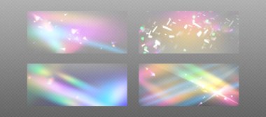 Prism rainbow light with flare effect background. Crystal glass overlay texture with diamond iridescent gradient. 3d aurora refraction png vector filter. Holographic disco camera transparent pattern clipart