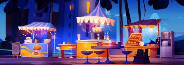 Şehir festivali vektöründe gece panayırı yiyecek pazarı. Yaz parkında yerel satıcıyla açık hava tezgahı. Kentsel tente pazarı ve hamburger büfesi kavramına sahip karikatür panorama arka planı.